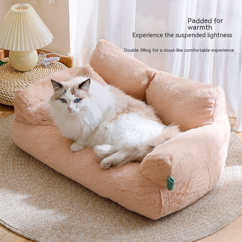Large Cat Sofa - Warm Plush Pet Sofa With Flannel Beige Couch