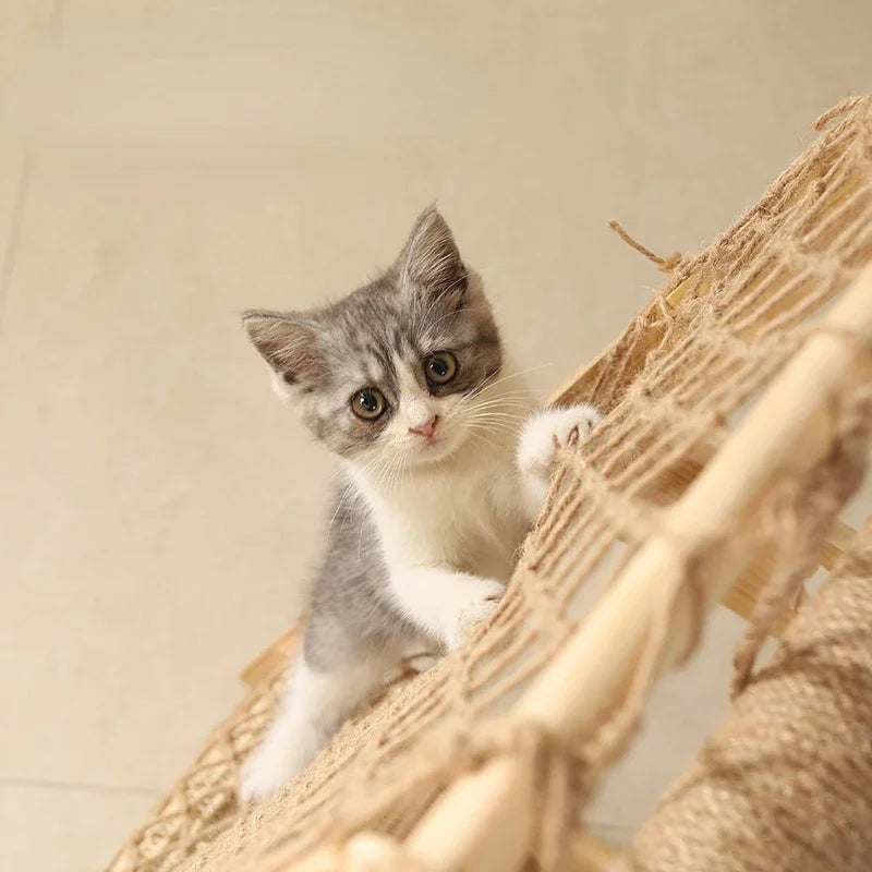 Cat Climbing Frame - Large Wooden Cat Nest With Durable Pet Climbing Net