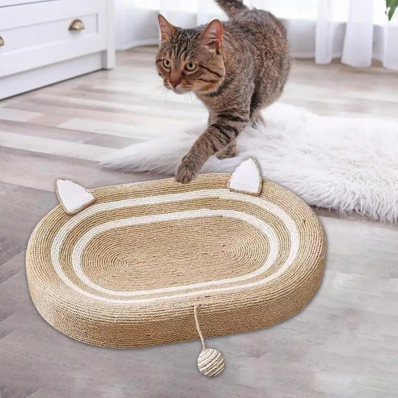Cat Scratch Pad Oval Board - Durable Sisal Scratcher with Play Ball Toy